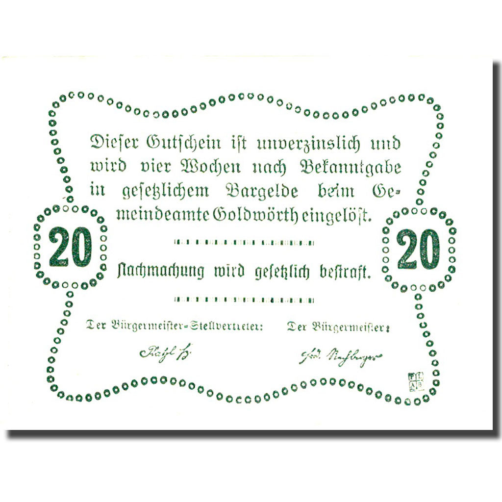 Banconote, Austria, Goldwörth, 20 Heller, ferme, SPL, Mehl:FS 248b