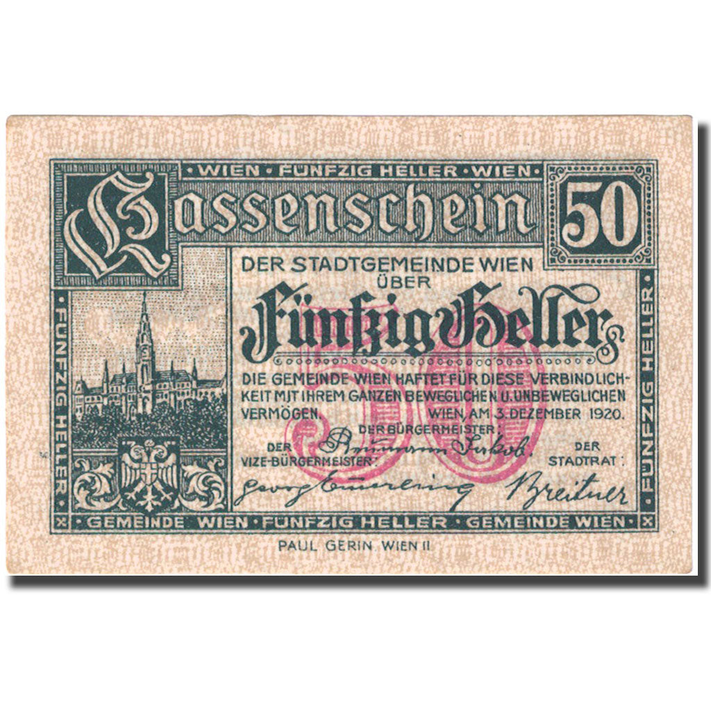 Geldschein, Österreich, Vienne, 50 Heller, château, 1920 VZ+ Mehl:FS 1183IIbA