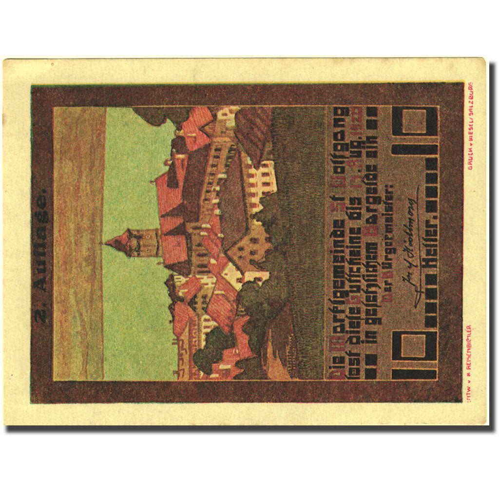 Billet, Autriche, St Wolfgang, 10 Heller, village, 1920 SUP Mehl:FS 947a