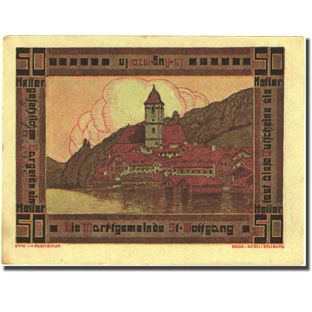 Billet, Autriche, St Wolfgang, 50 Heller, village 2, 1920 SUP Mehl:FS 947a