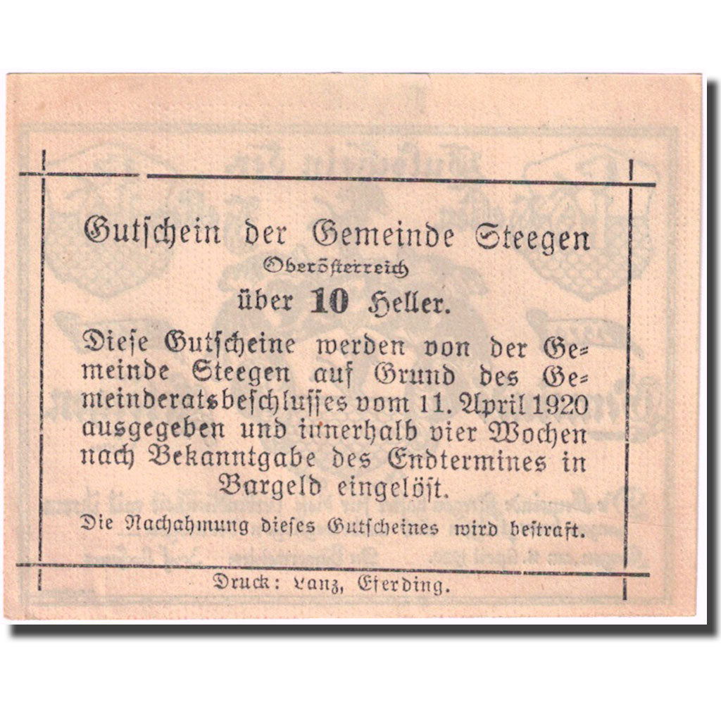 Banconote, Austria, Steegen, 10 Heller, Blason, 1920 SPL Mehl:FS 1012Ic1
