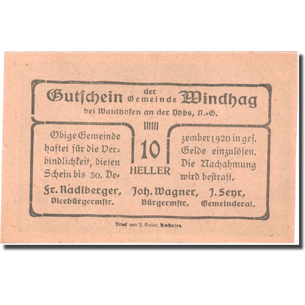 Geldschein, Österreich, Windhag, 10 Heller, paysage, 1920 UNZ- Mehl:FS 1244e