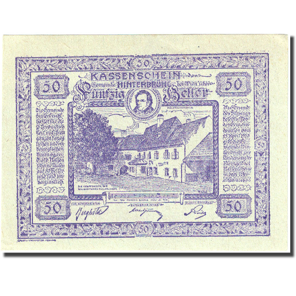 Banconote, Austria, Hinterbrühl, 50 Heller, ferme, 1920 SPL Mehl:FS 376Ib1