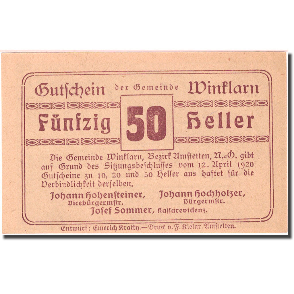 Geldschein, Österreich, Winklarn, 50 Heller, Eglise, 1920 UNZ- Mehl:FS 1246d
