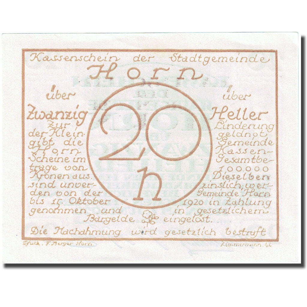 Banconote, Austria, Horn, 20 Heller, village 1920-07-31, SPL Mehl:FS 397IIa