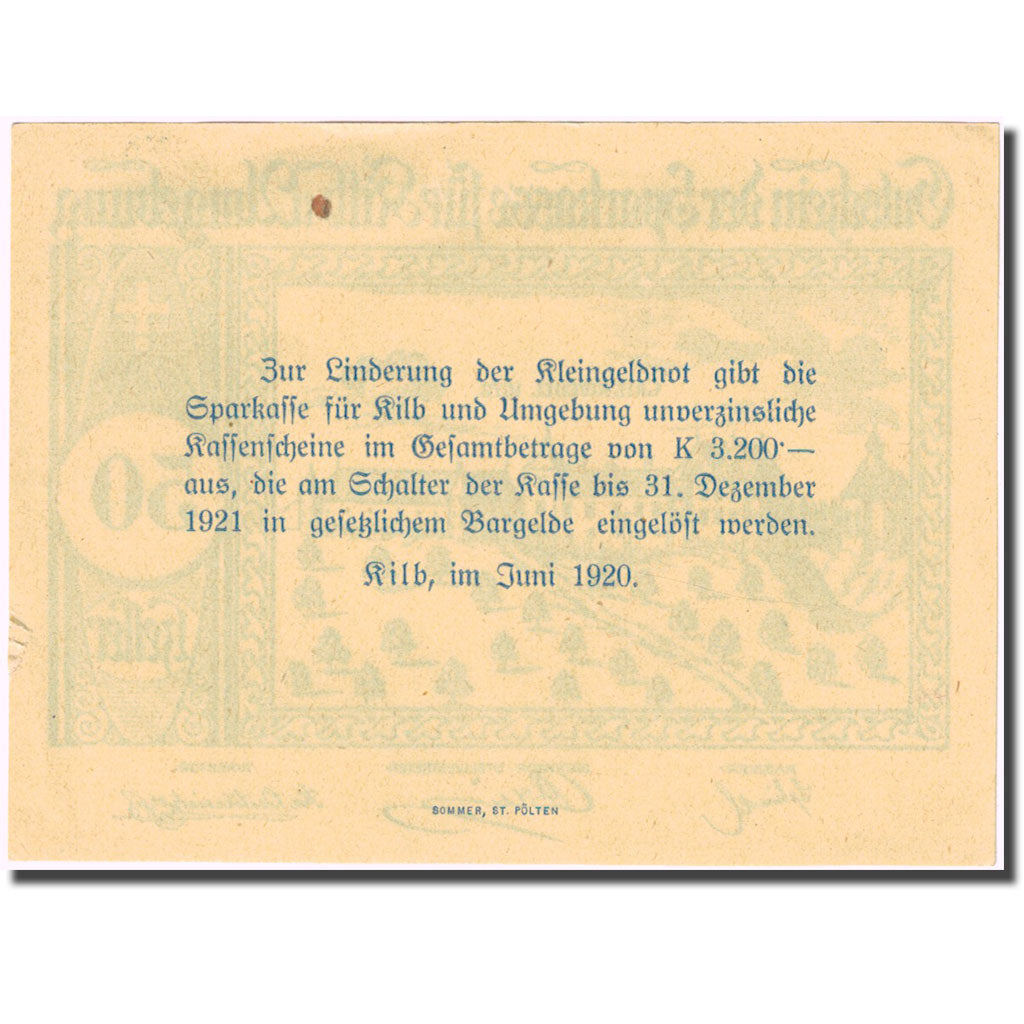 Banknot, Austria, Kilb, 50 Heller, château, 1920, 1920-12-31, AU(55-58)