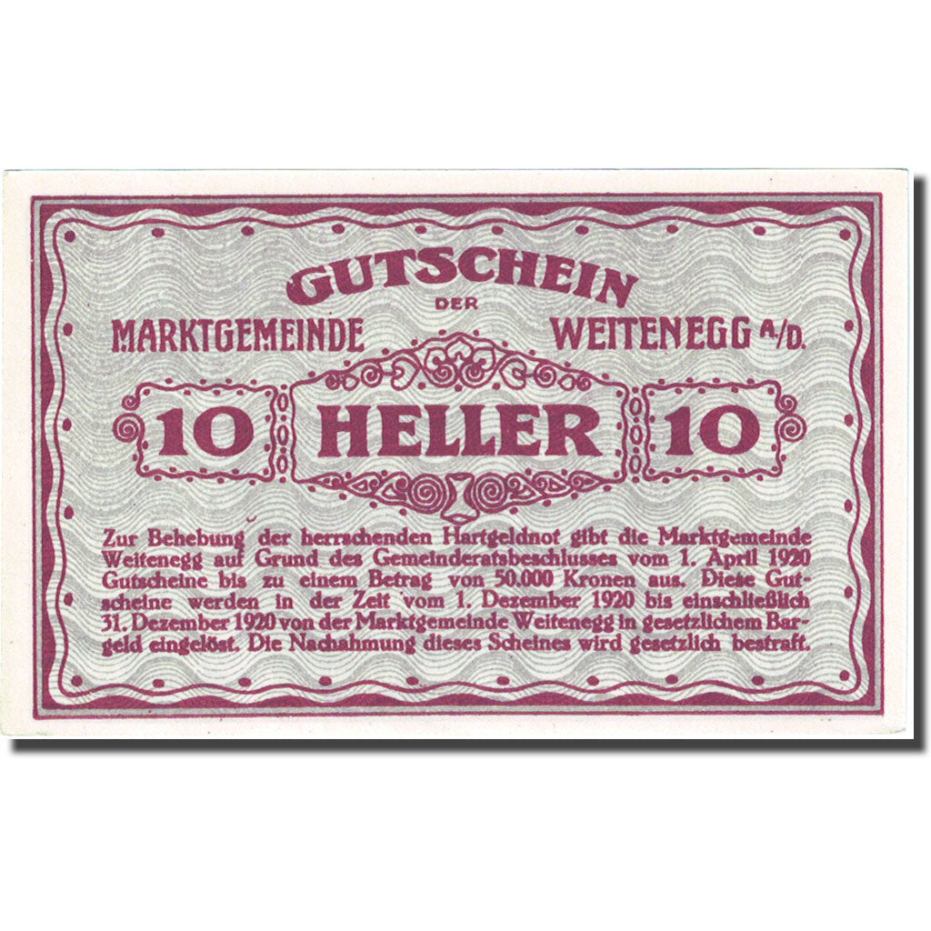 Banconote, Austria, Weitenegg an der Donau, 10 Heller 1920 SPL Mehl:FS1163a