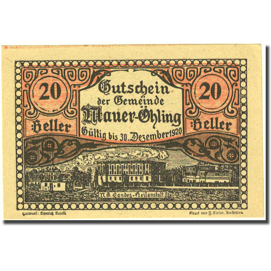 Banconote, Austria, Mauer Ohling, 20 Heller, village, 1920, SPL Mehl:FS 599c