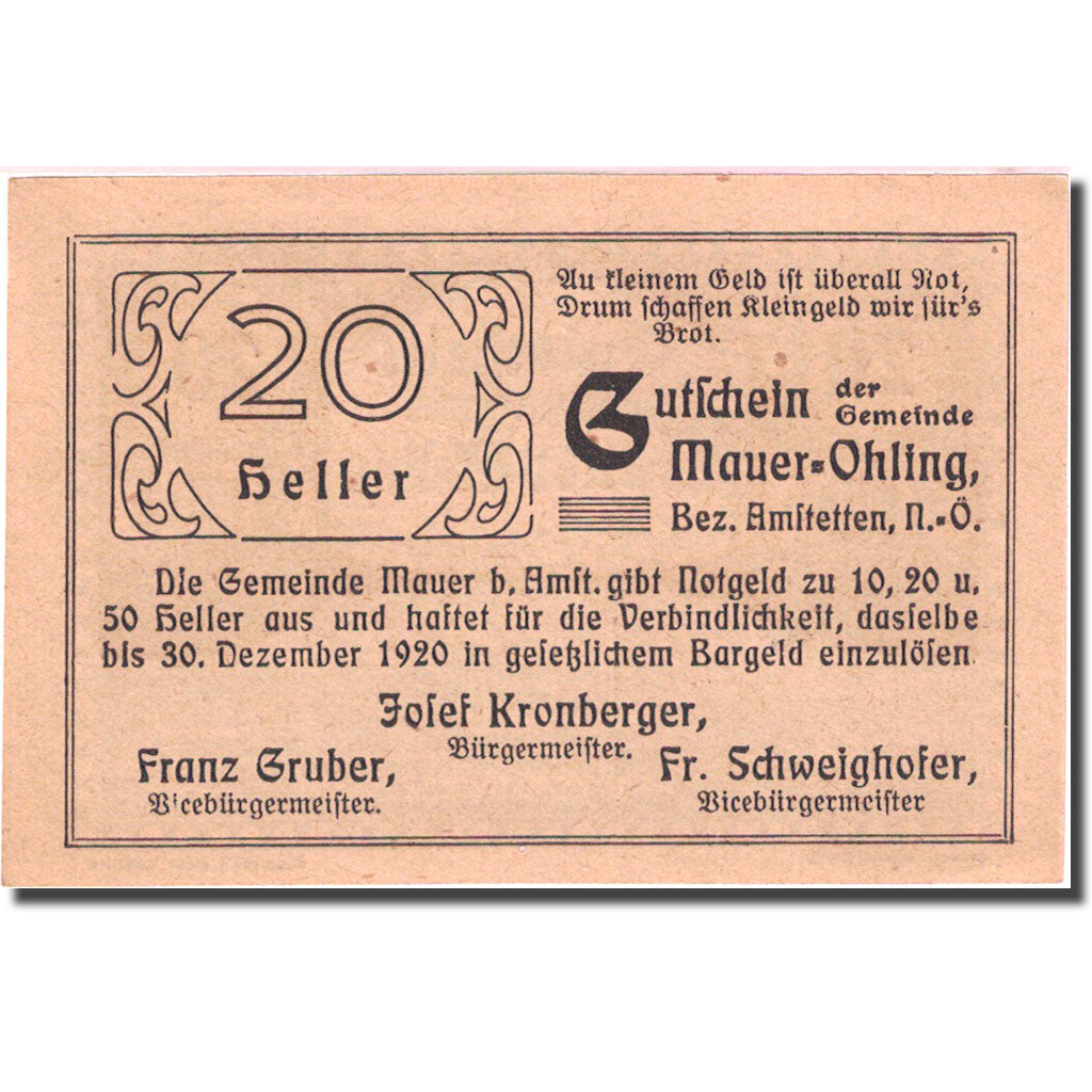Banconote, Austria, Mauer Ohling, 20 Heller, village, 1920, SPL Mehl:FS 599c