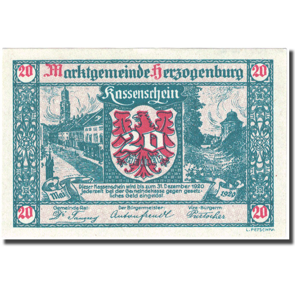 Geldschein, Österreich, Herzogenburg, 20 Heller, Blason, 1920 UNZ Mehl:FS 367