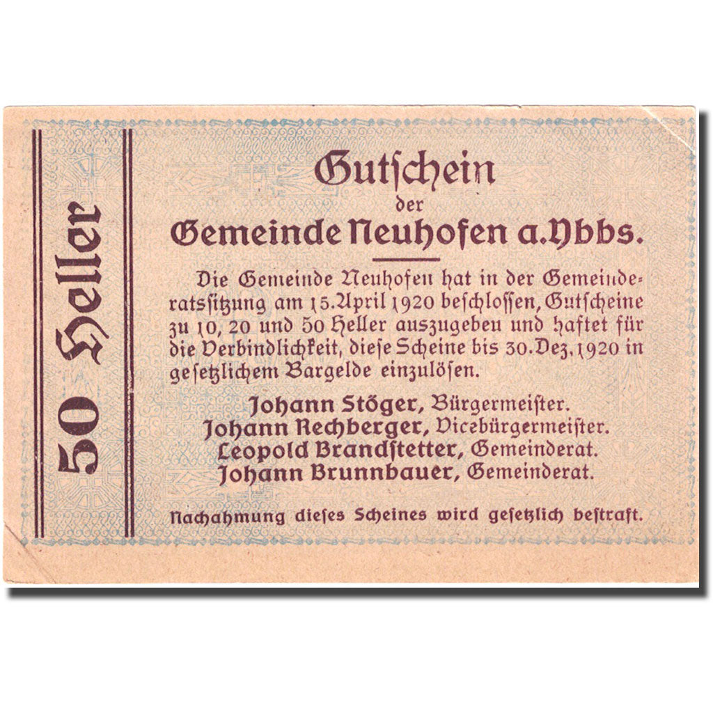 Banconote, Austria, Neuhofen a.d Ybbs, 50 Heller, village, 1920 SPL Mehl:FS 650d