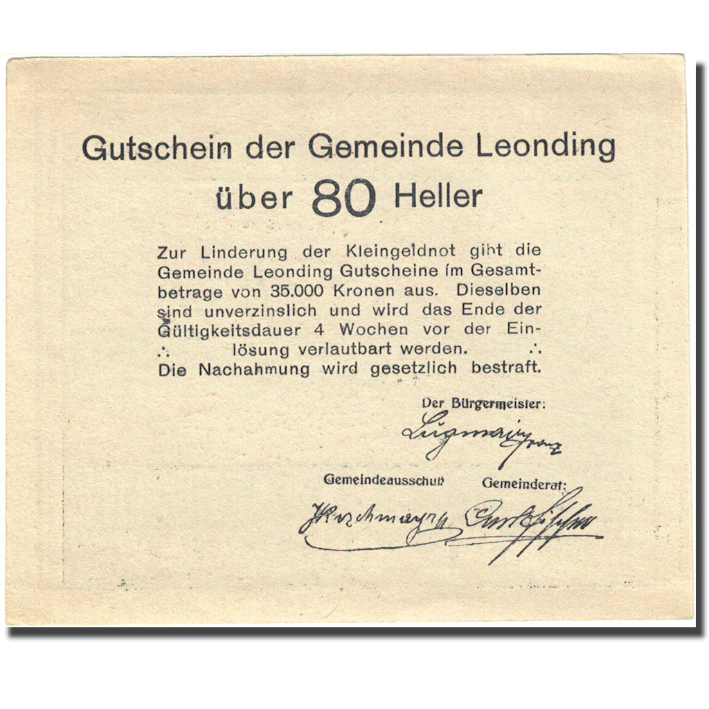 Geldschein, Österreich, Leonding, 80 Heller, paysage, VZ, Mehl:FS 513a