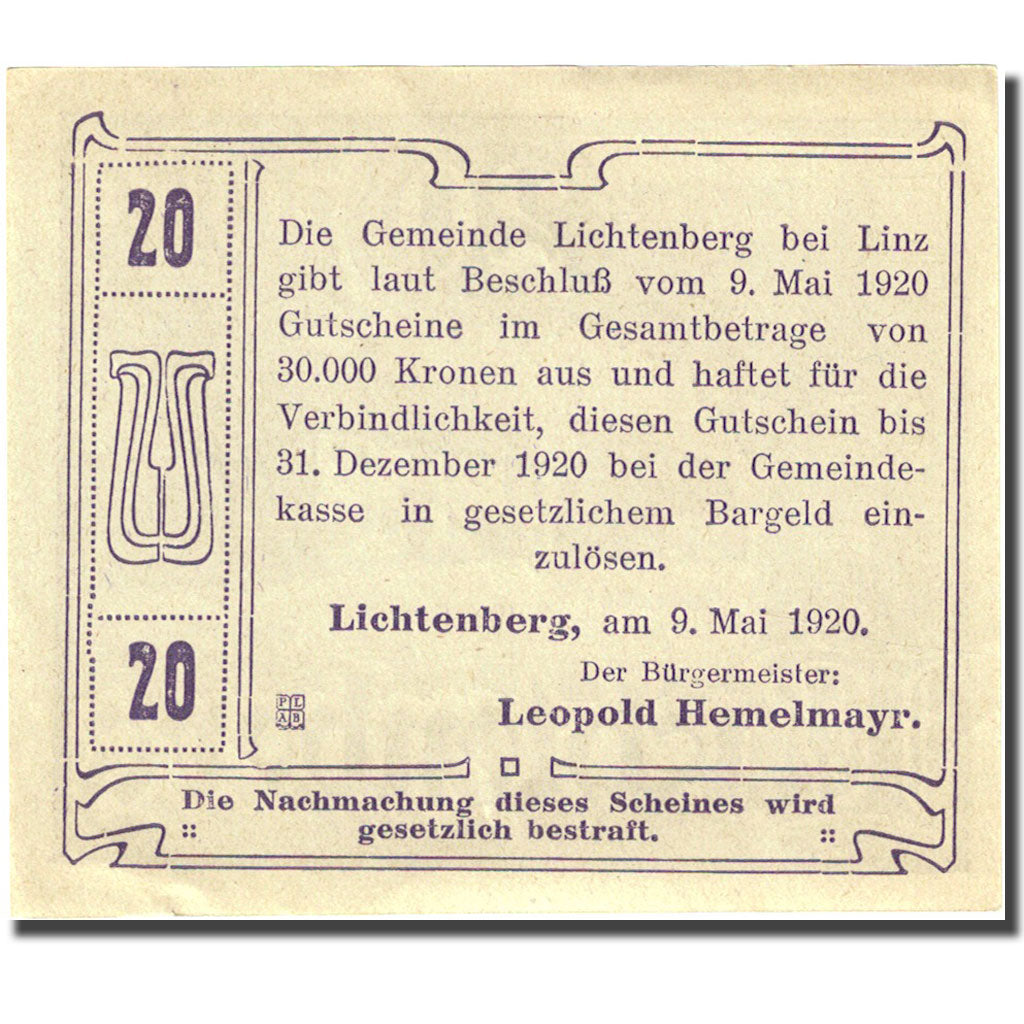 Banconote, Austria, Lichtenberg, 20 Heller, ferme 1920-12-31, SPL Mehl:FS 518a