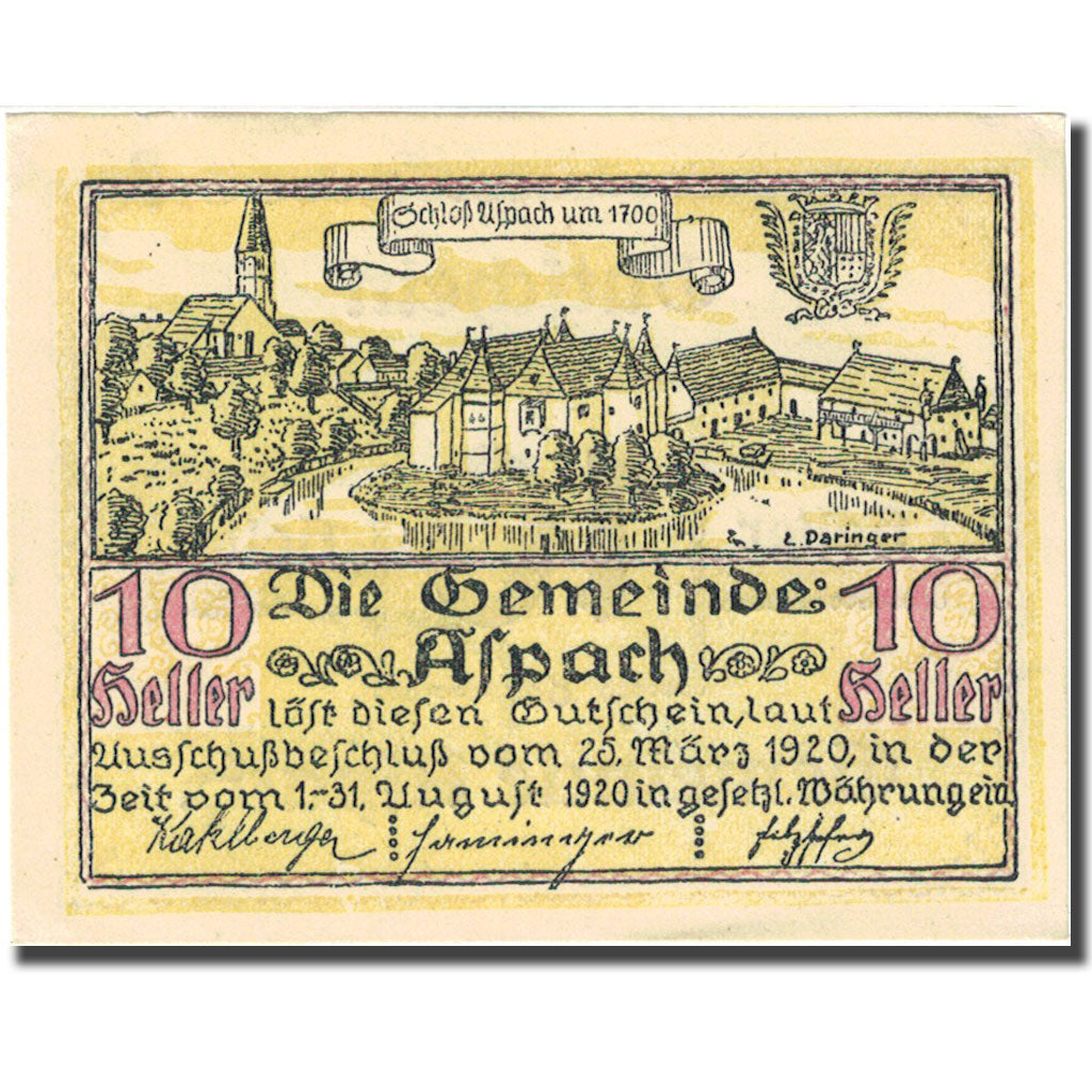 Banconote, Austria, Aspach, 10 Heller, château 1920-08-31, SPL Mehl:FS 57c