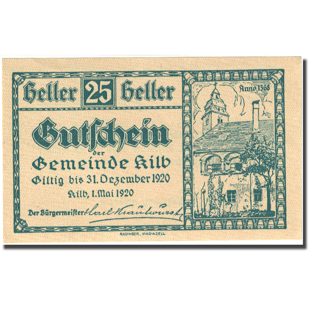 Geldschein, Österreich, Kilb, 25 Heller, Eglise, 1920 UNZ- Mehl:FS 436IIa