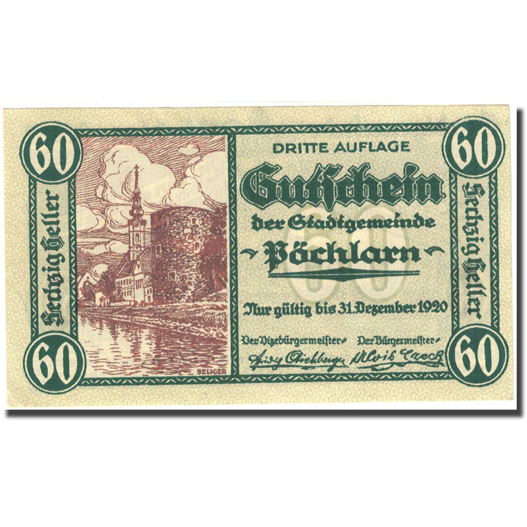 Geldschein, Österreich, Pöchlarn, 60 Heller, château, 1920, UNZ- Mehl:FS 755III