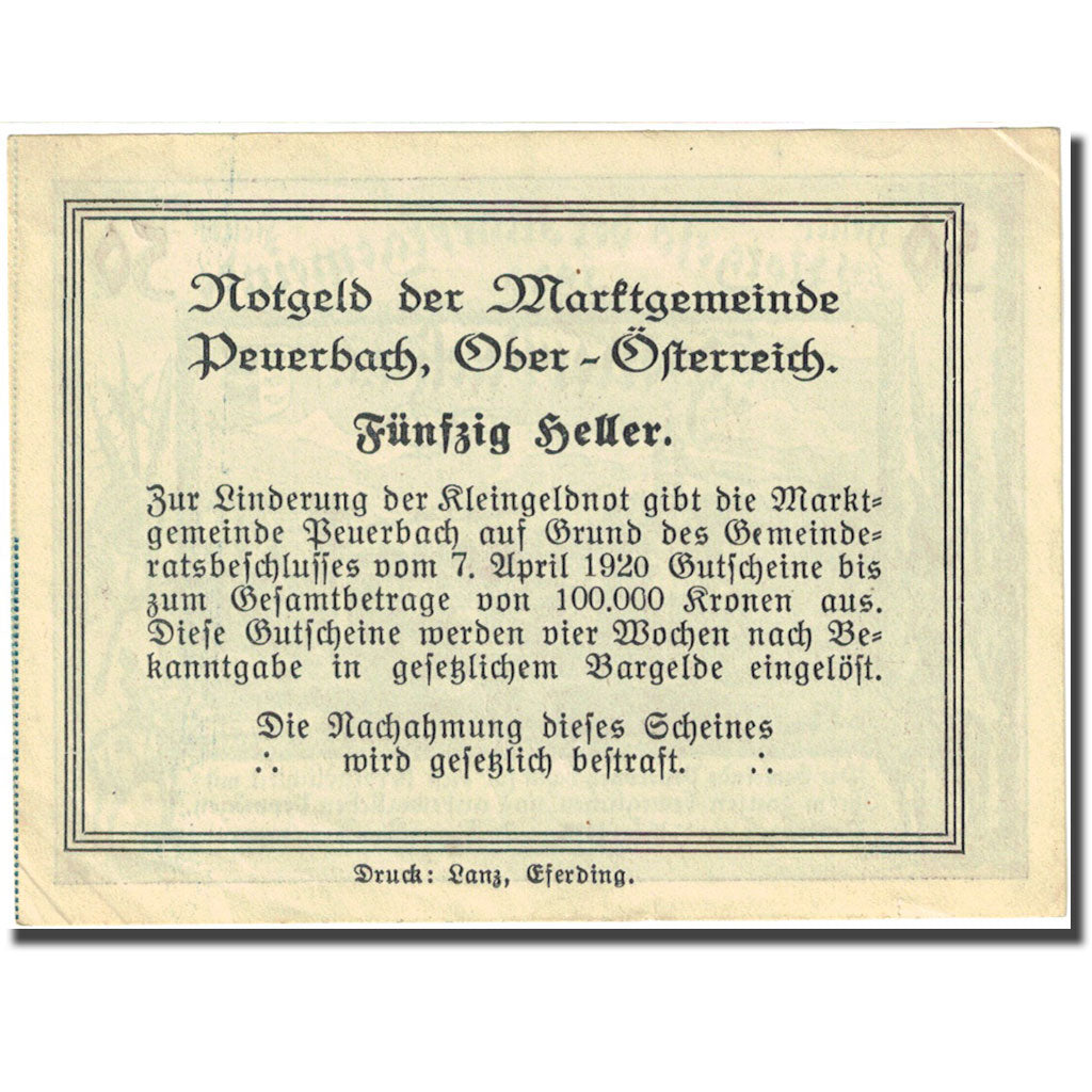 Banconote, Austria, Peuerbach, 50 Heller, château, 1920 SPL- Mehl:FS 741Ia