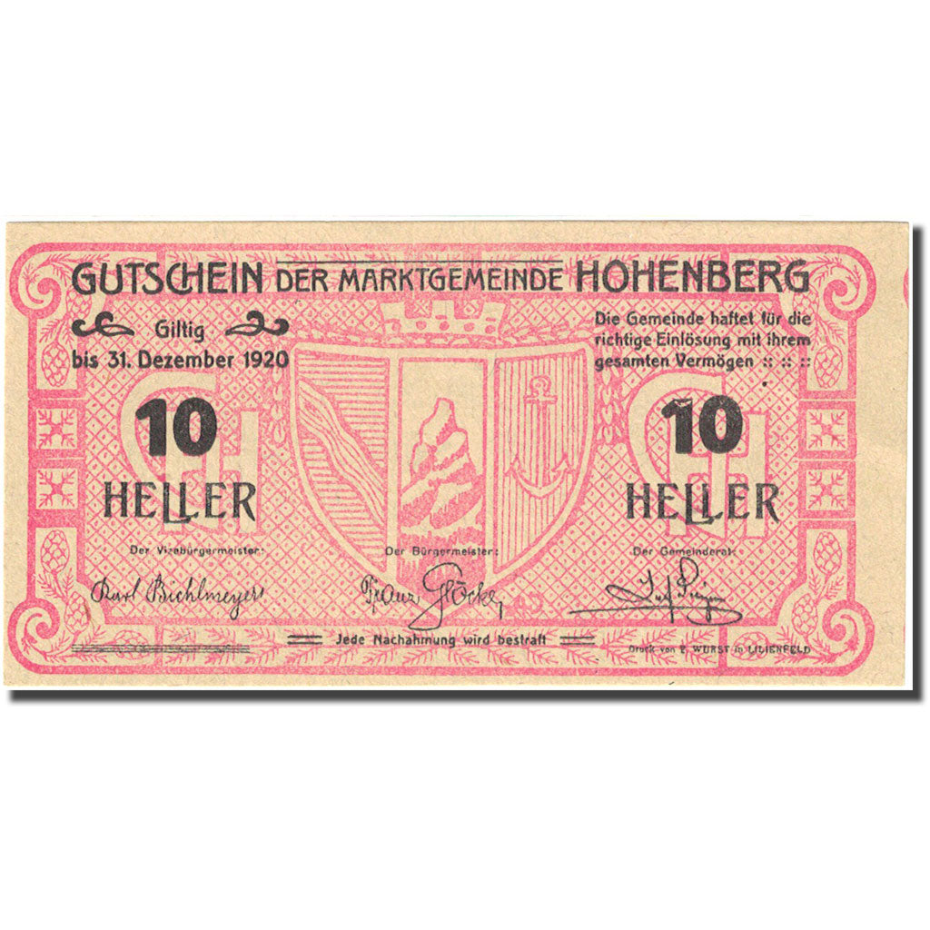 Banconote, Austria, Hohenberg, 10 Heller, Blason 1920-12-31, SPL Mehl:FS 388IIb