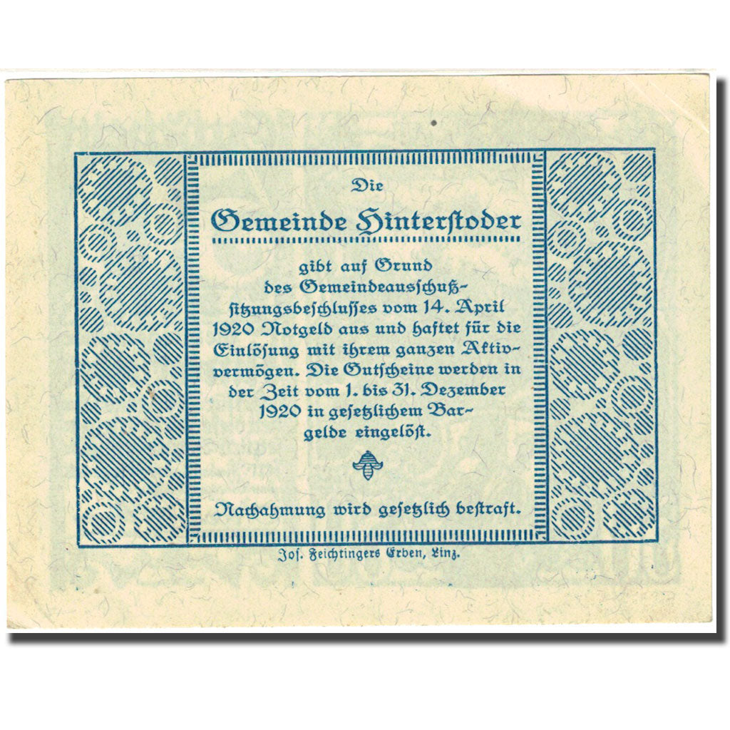 Geldschein, Österreich, Hinterstoder, 50 Heller, Blason, 1920 UNZ Mehl:FS 377c