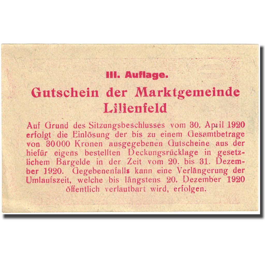 Billet, Autriche, Lilienfeld, 20 Heller, manoir 1920-12-31, SPL Mehl:FS 523Iaj