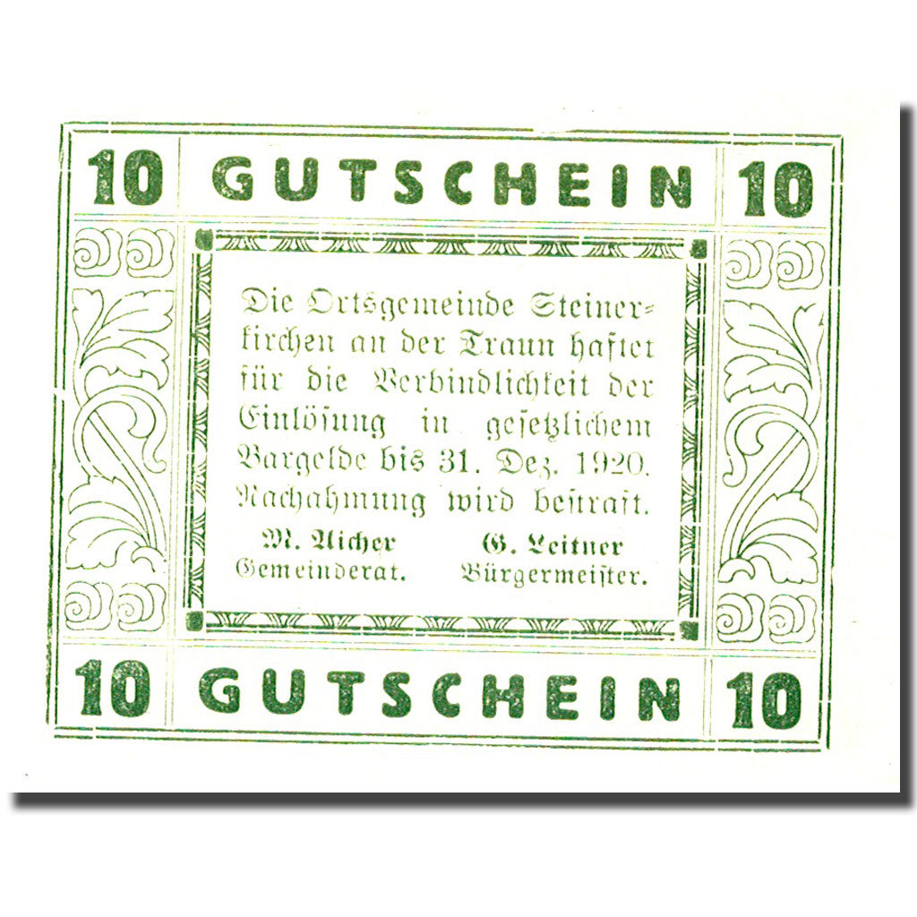 Banconote, Austria, Steinerkirchen an der Traun, 10 Heller 1920 SPL Mehl:FS1029I
