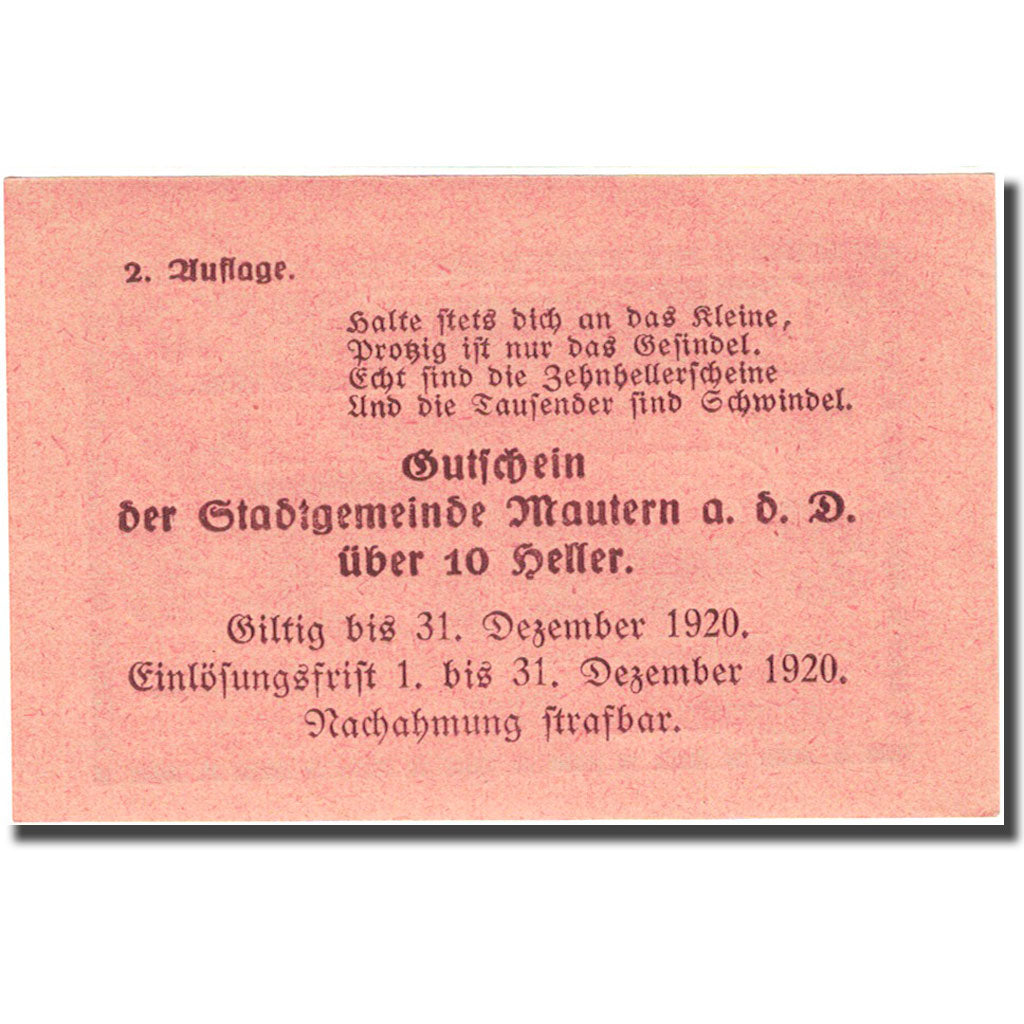 Nota, Áustria, Mautern, 10 Heller, pont 1920-12-31, UNC(63) Mehl:FS 600IId2