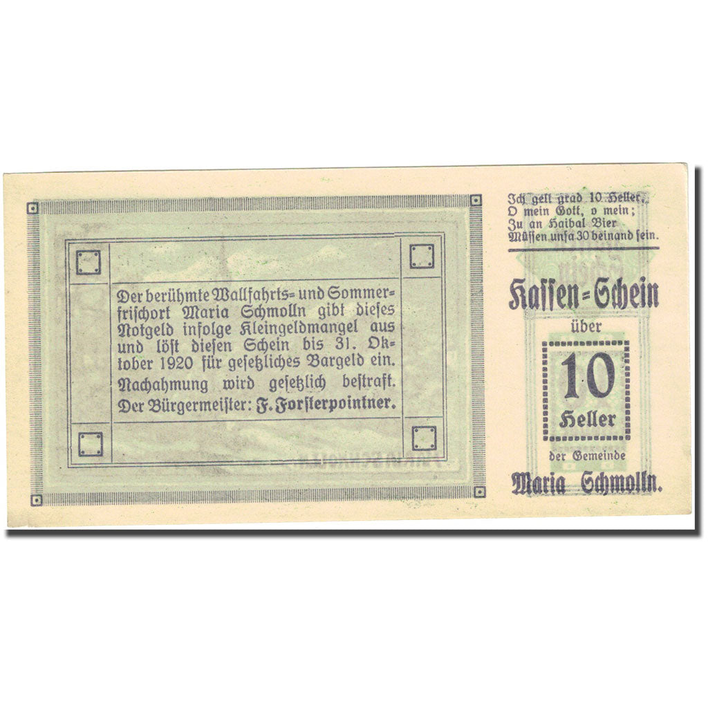Banconote, Austria, Maria Schmolln, 10 Heller, village, 1920 SPL Mehl:FS 587IIa