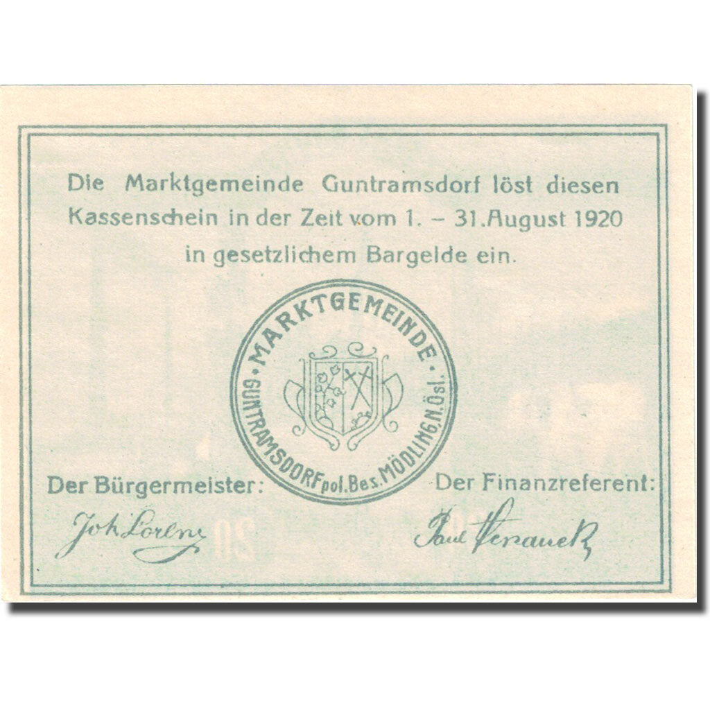 Banconote, Austria, Guntramsdorf, 20 Heller, village, 1920 SPL Mehl:FS 310a