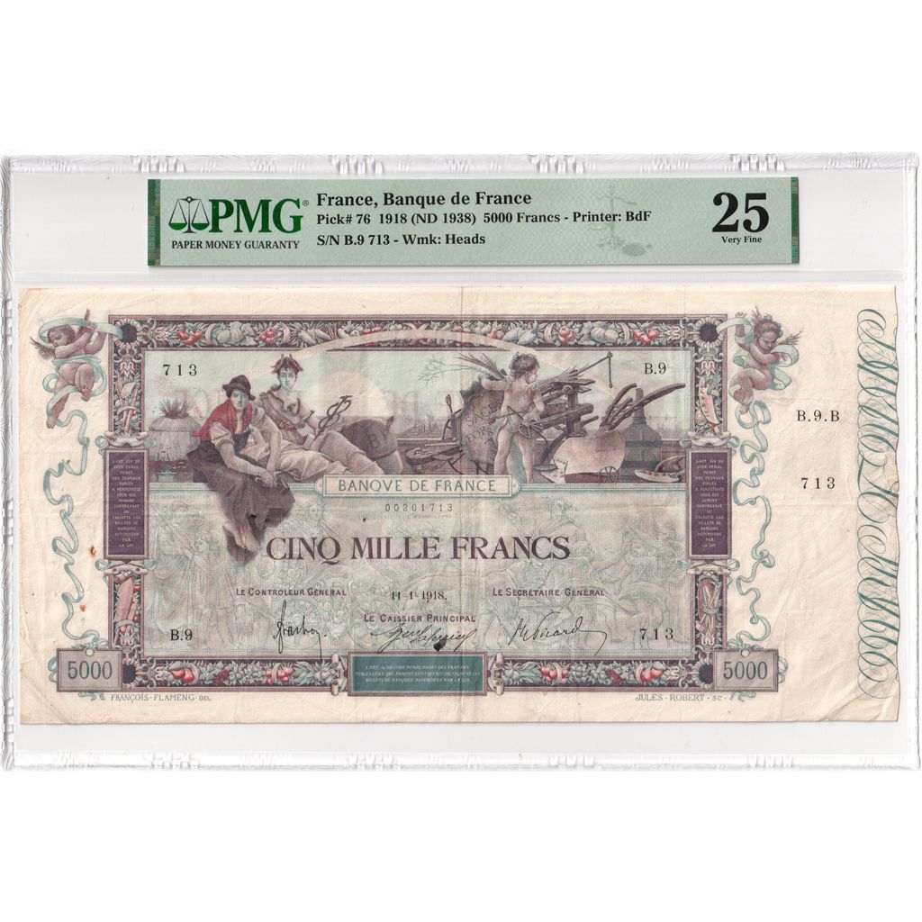 France, 5000 Francs, Flameng, 1918-01-02, B.9, TTB