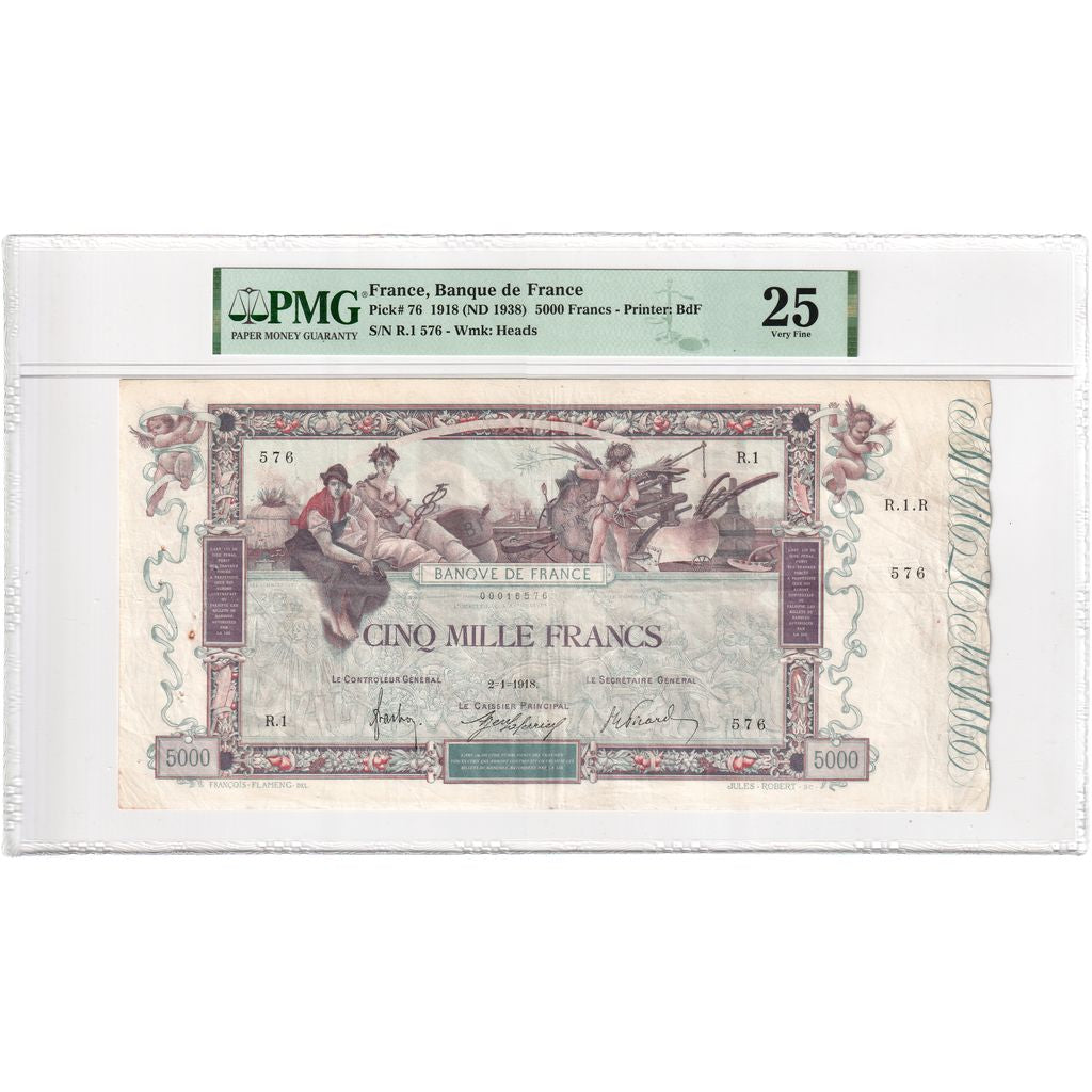 France, 5000 Francs, Flameng, 1918, 1918-01-02, TTB+, Fayette:43.1, KM:76