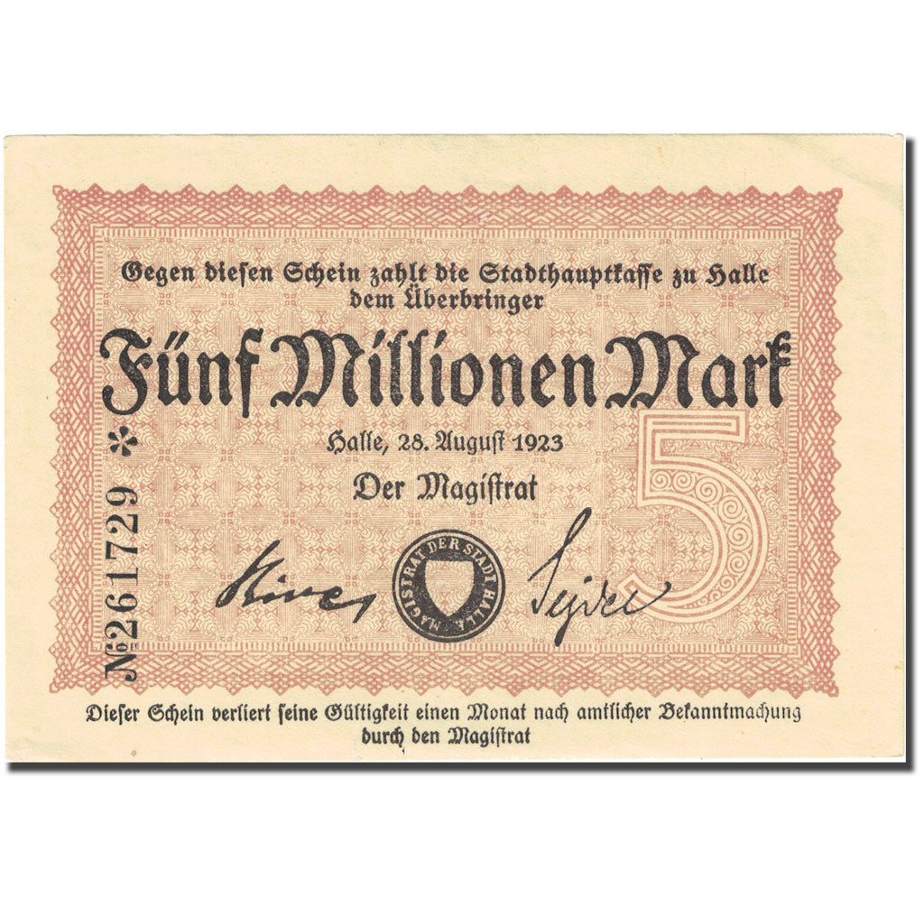 Billet, Allemagne, Halle, 5 Millionen Mark, valeur faciale 1923-08-28 SPL