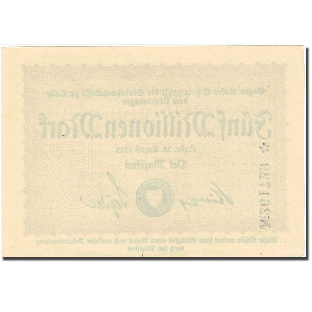 Billet, Allemagne, Halle, 5 Millionen Mark, valeur faciale 1923-08-28 SPL
