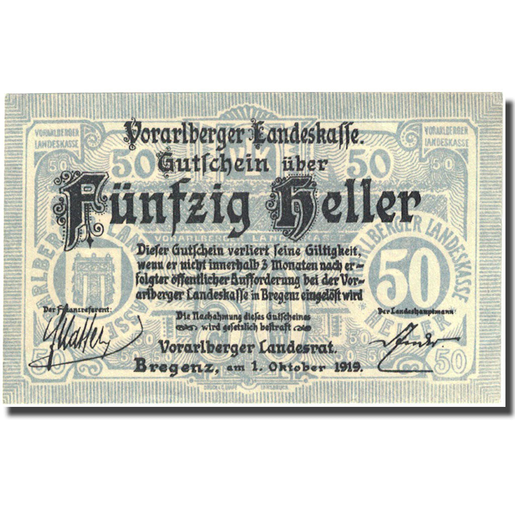 Banconote, Austria, Bregenz, 50 Heller, Blason, 1919 blue SPL Mehl:FS 1118I