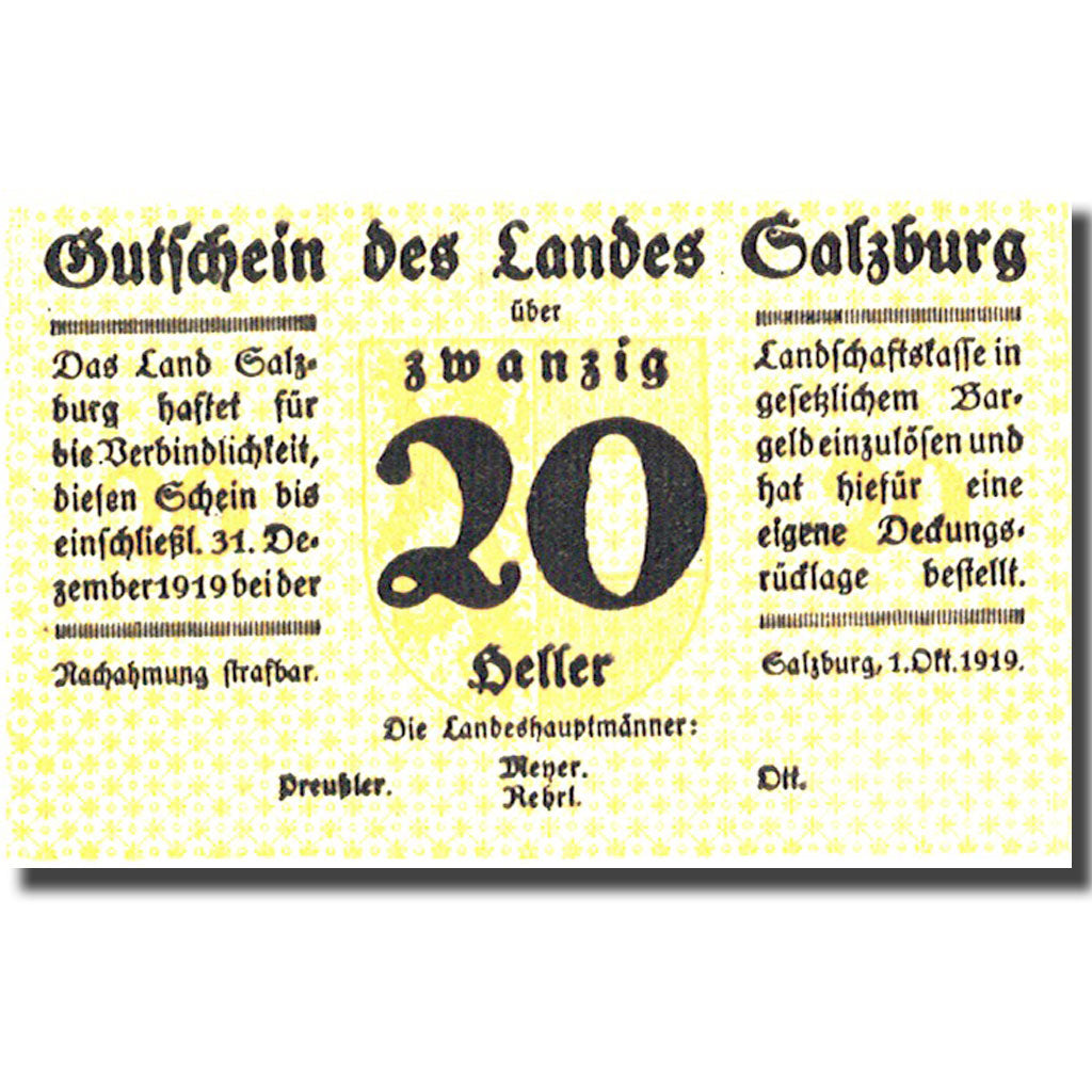 Billet, Autriche, Salzburg, 20 Heller, Blason 1919-12-31, SPL Mehl:FS 8601