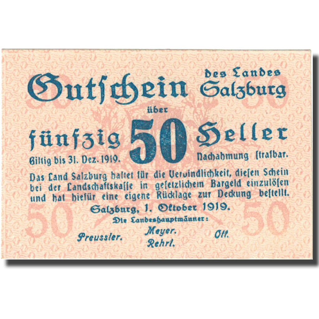 Billet, Autriche, Salzburg, 50 Heller, Blason 1919-12-31, SPL Mehl:FS 8601