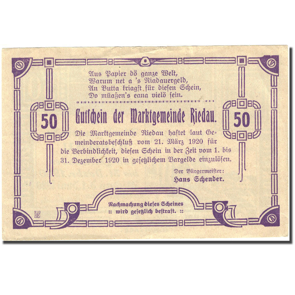 Billet, Autriche, Riedau, 50 Heller, Eglise 1920-12-31, TTB+  Mehl:FS 837II