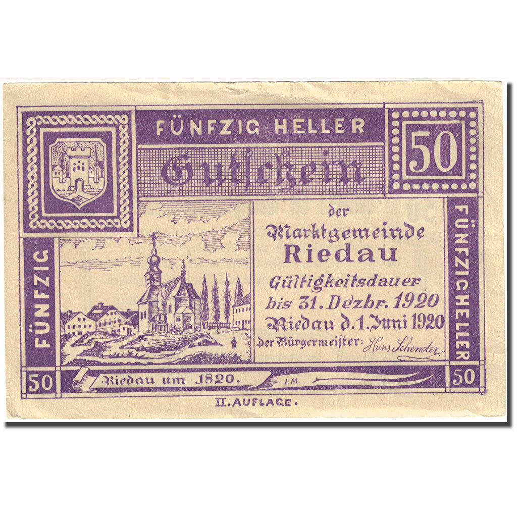 Billet, Autriche, Riedau, 50 Heller, Eglise 1920-12-31, TTB+  Mehl:FS 837II