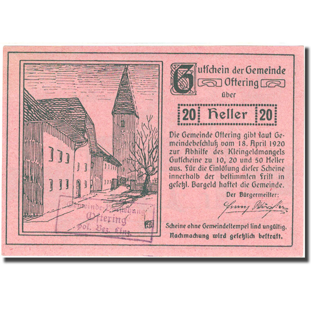 Banconote, Austria, Oftering, 20 Heller, Eglise 1920-04-18, SPL Mehl:FS 706c
