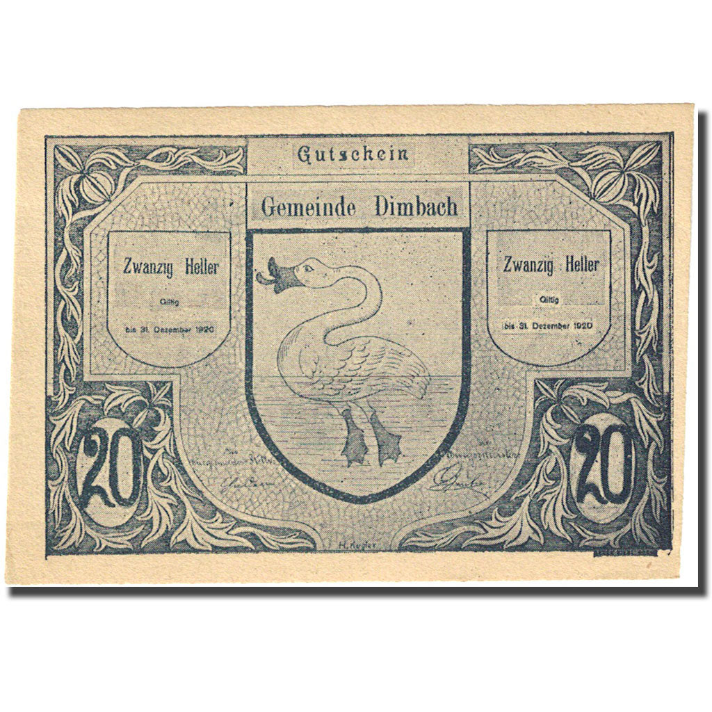 Banconote, Austria, Dimbach, 20 Heller, cygne 1920-12-31, SPL Mehl:FS 125a
