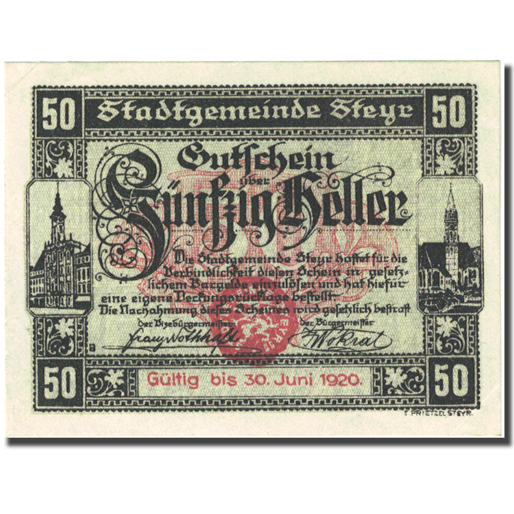 Geldschein, Österreich, Steyr, 50 Heller, Monument, 1920 UNZ-  FS 1034Ia