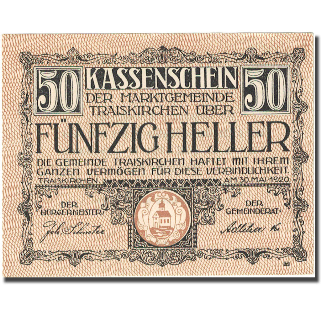 Banconote, Austria, Traiskirchen, 50 Heller, Eglise, 1921 SPL Mehl:FS1077a