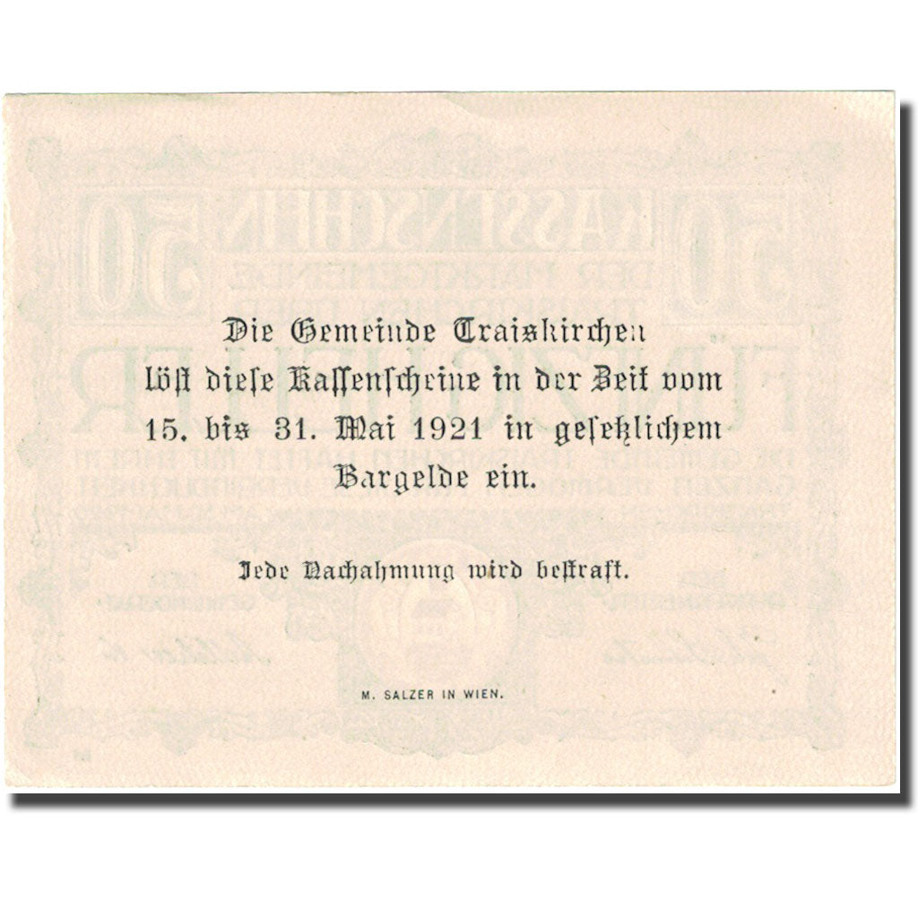 Banconote, Austria, Traiskirchen, 50 Heller, Eglise, 1921 SPL Mehl:FS1077a