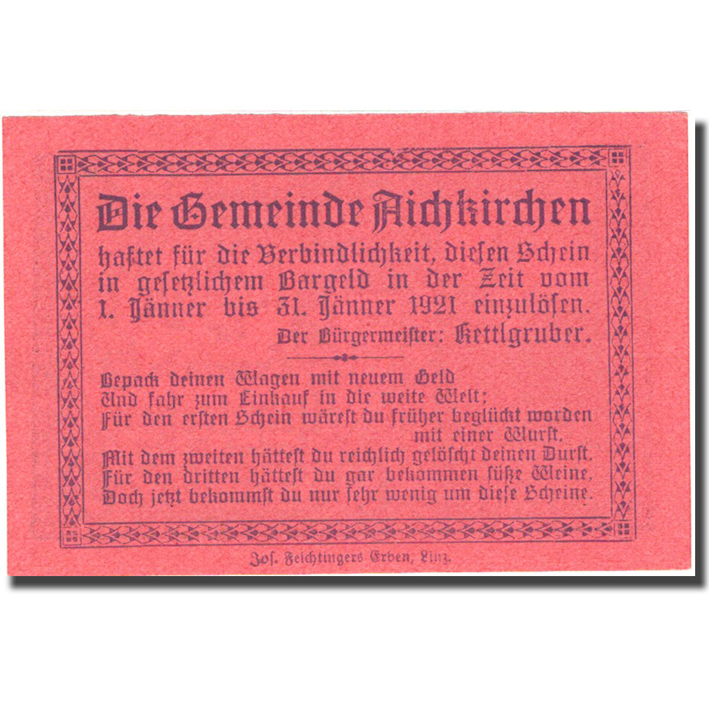 Geldschein, Österreich, Aichkirchen, 50 Heller, Eglise 1921 UNZ- Mehl:FS 11