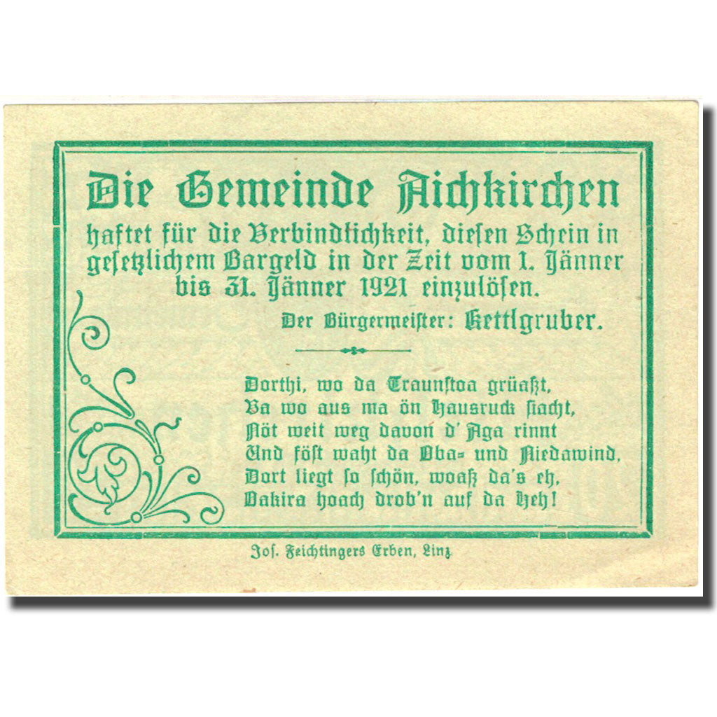 Banconote, Austria, Aichkirchen, 20 Heller, Eglise, 1921 SPL Mehl:FS 11