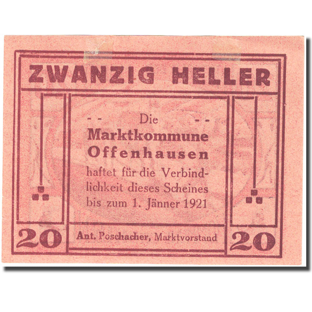 Biljet, Oostenrijk, Offenhausen, 20 Heller, agriculteur, 1921 SUP Mehl:FS 705a