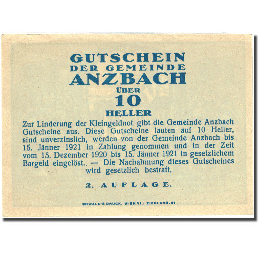 Banconote, Austria, Anzbach, 10 Heller, Eglise 1921-01-15, SPL Mehl:FS 481Aa