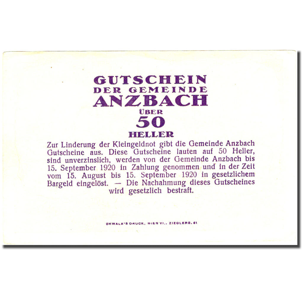 Banconote, Austria, Anzbach, 50 Heller, village 1920-09-15, SPL- Mehl:FS 481Ae