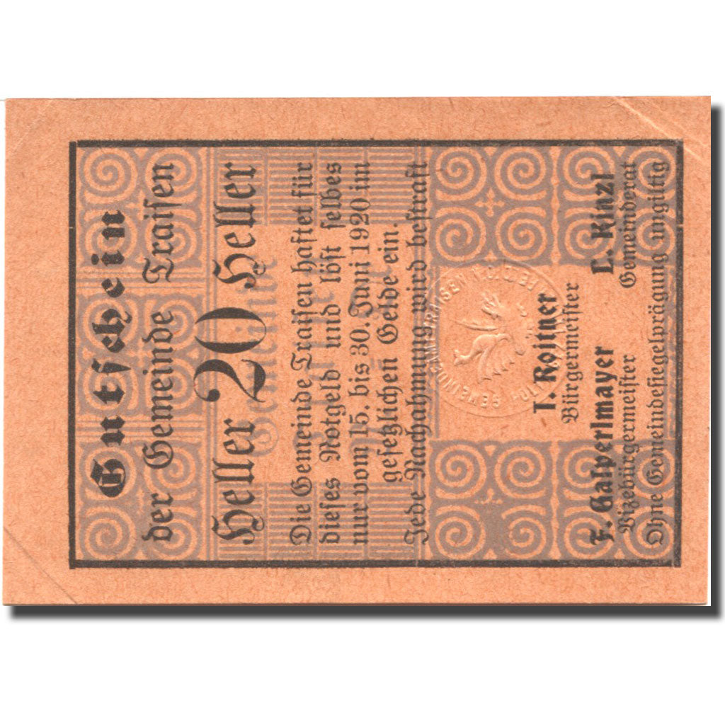 Geldschein, Österreich, Traisen, 20 Heller valeur faciale 1920 VZ+ Mehl:FS1076Ib