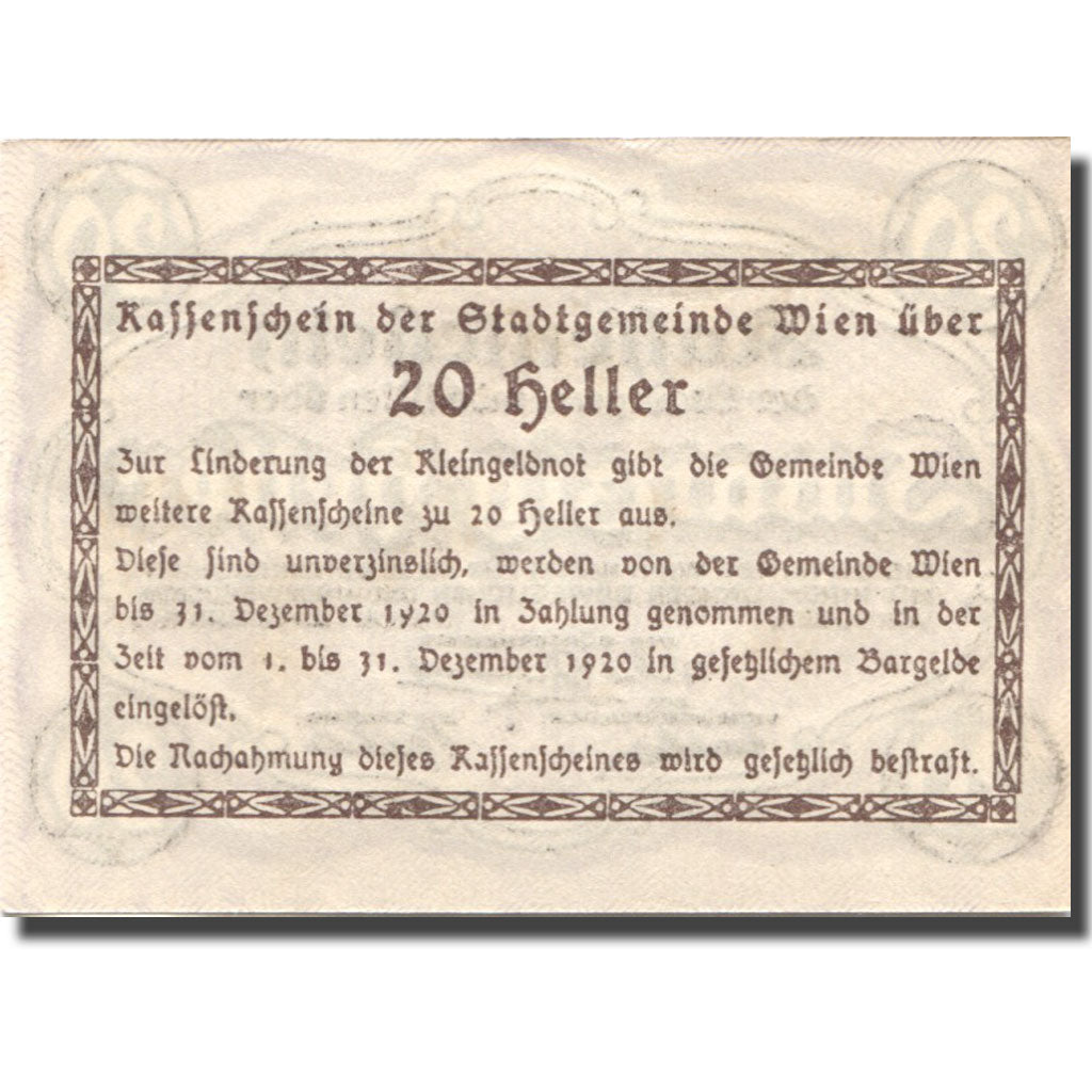 Biljet, Oostenrijk, Vienne, 20 Heller, valeur faciale, 1920 SPL Mehl:FS 1183IId
