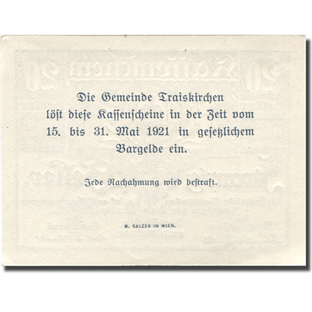 Banconote, Austria, Traiskirchen, 20 Heller, Eglise, 1921 SPL Mehl:FS 1077a